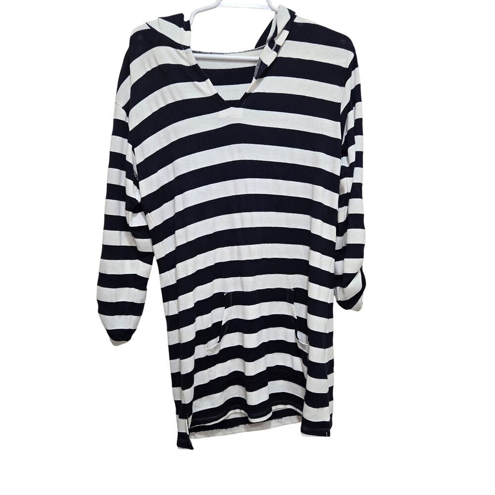 Akini Striped Hooded Tunic Top Roll-Tab Sleeves Women’s Small